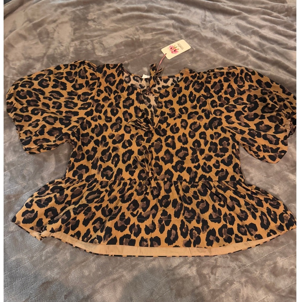 Entro Leopard Print Puff Sleeve Peplum Top Brown Black Animal Print Medium NWT